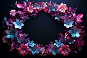 Generative AI Image of Beautiful Floral Frame with Carving and Glow from Neon Light photo