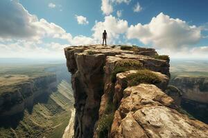 Silhouette of a Man Standing on Top of a Cliff at Bright Day AI Generative photo