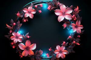 Generative AI Image of Circle Frame Surrounded by Beautiful Pink Flowers with Neon Lighting photo