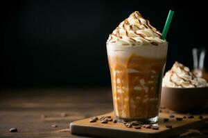Iced Frappuccino with Cream Topping and Chocolate Sauce Served in Glass on Wooden Coaster AI Generative photo