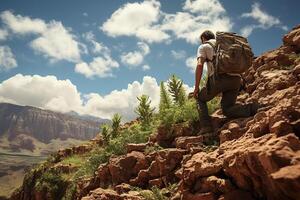 Man Climbs on a Rocks with Wild Plants and Cliff Nature View AI Generative photo