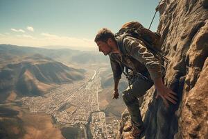 Brave Man Coming Down from Rocky Cliff with Nature View in Bright Day AI Generative photo