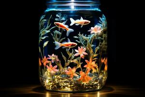 generativo ai imagen de pequeño pez de colores nadando en tarro con flores y ligero desde neón Encendiendo foto