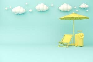 Summer concept. Suitcase and beach chair with umbrella. 3D render background illustration. photo