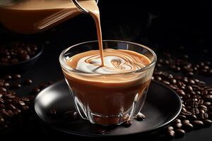 Coffee with Milk Mixture is Poured Into a Small Glass with Black Coffee Beans photo