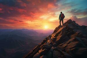Climber Standing on the Top of a Rock Stone with Mountain Landscape at Sunrise AI Generative photo