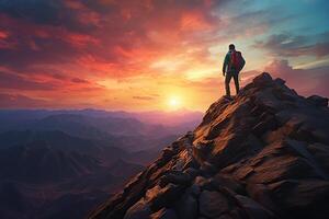 Climber Standing on the Top of a Rock Stone with Mountain Landscape at Sunrise photo