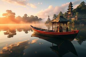 ai generativo desde imagen de barco en beratán lago con hindú templo paisaje en bali como un fiesta destino a puesta de sol foto