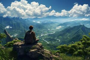 Adventurous Man Sitting on Rock Stone with Green Mountains View at Bright Day photo