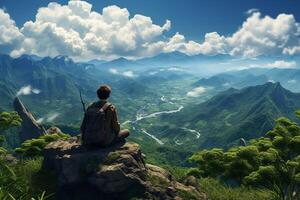 Adventurous Man Sitting on Rock Stone with Green Mountains View at Bright Day AI Generative photo