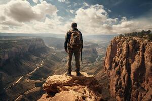 Adventurous Man Standing on the Top of a Canyon Cliff at Bright Day photo