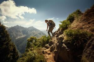 Adventurous Brave Woman Coming Down from Hill with Nature View on Sunny Day photo