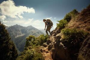 Adventurous Brave Woman Coming Down from Hill with Nature View on Sunny Day AI Generative photo