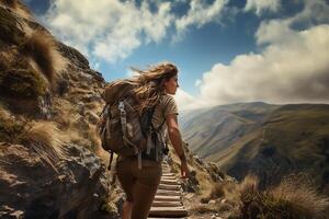 Adventurous Brave Woman Climbing Up the Hill with Nature View at Bright Day photo