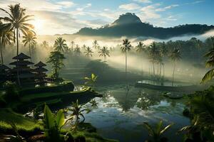 AI Generative from Image of Beautiful Landscape of Green Rice Terraces in Bali with Palm Trees and Huts on Bright Day photo