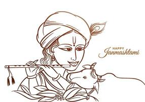 Happy janmashtami greetings with lord krishna sketch card design vector