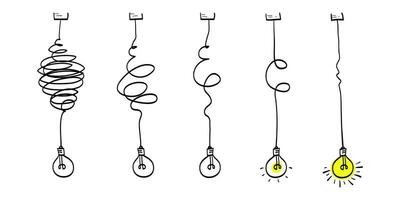 Icono de idea de bombillas de fideos. simplificando el concepto complejo, confuso de claridad o idea de vector de ruta con bombillas. ilustración vectorial