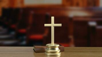 The cross on wood table for religion concept 3d rendering photo