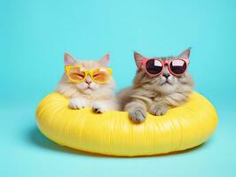 linda y gracioso gatos en de moda amarillo Gafas de sol dormir en un caucho anillo en aislado un pastel antecedentes con un Copiar espacio.animal verano fiesta concepto.creado con generativo ai tecnología foto