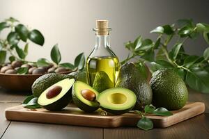 Avocado oil in a bottle with olive.Health food, diet concept.Created with Generative AI technology. photo