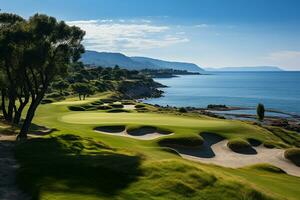 Beautiful golf course with sand bunkers with blue sky. Created with Generative AI technology. photo