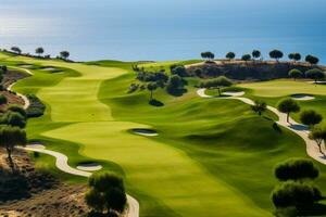 Beautiful golf course with sand bunkers with blue sky. Created with Generative AI technology. photo