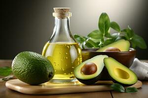 Avocado oil in a bottle with olive.Health food, diet concept.Created with Generative AI technology. photo