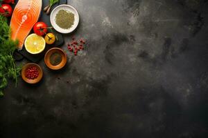 Top view of salmon,herbs and spices on a stone background.Health food, diet concept.Created with Generative AI technology. photo