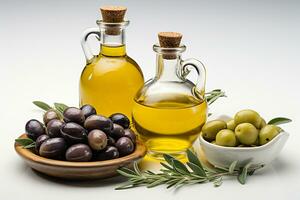 Organic olive oil in a bottle with olive.Health food, diet concept.Created with Generative AI technology. photo