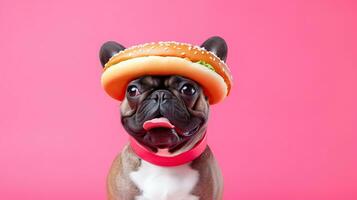 Cute and funny French Bulldog with hamburger hat on isolated background.animal summer holiday concept.Created with Generative AI technology photo