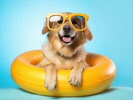 Cute and funny Golden Retriever in trendy sunglass on isolated background.animal summer holiday concept.Created with Generative AI technology photo