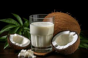 Fresh coconut milk with coconut .Health food, diet concept.Created with Generative AI technology. photo