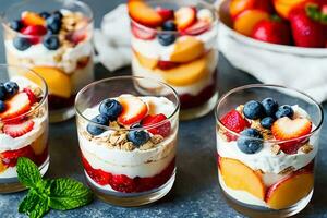 The Summer Breakfast Parfait is a colorful and delicious layered breakfast served in a glass or Mason jar. It's a quick and easy breakfast. Generative AI. photo