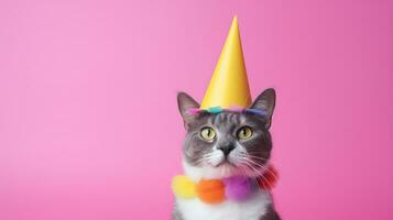 Cute Cat  with cone hat and necklace bowtie on isolated background.Happy birthday concept.created with Generative AI technology photo