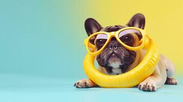 Cute and funny French Bulldog in trendy sunglass on isolated background.animal summer holiday concept.Created with Generative AI technology photo