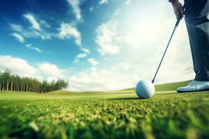 Golf player playing a golf game with beautiful golf course. Created with Generative AI technology. photo