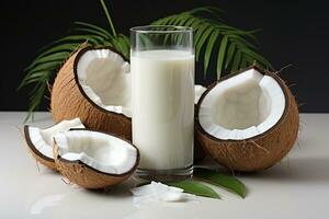 Fresh coconut milk with coconut .Health food, diet concept.Created with Generative AI technology. photo