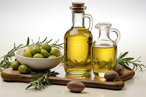 Organic olive oil in a bottle with olive.Health food, diet concept.Created with Generative AI technology. photo