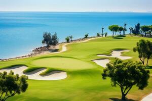 Beautiful golf course with sand bunkers with blue sky. Created with Generative AI technology. photo