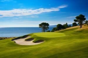 hermosa golf curso con arena búnkeres con azul cielo. creado con generativo ai tecnología. foto