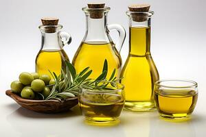 Organic olive oil in a bottle with olive.Health food, diet concept.Created with Generative AI technology. photo