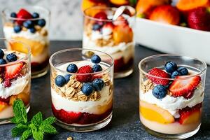 The Summer Breakfast Parfait is a colorful and delicious layered breakfast served in a glass or Mason jar. It's a quick and easy breakfast. Generative AI. photo