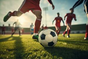 Close up of many soccer players kicking a football on a field,competition scene.Created with Generative AI technology photo