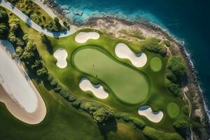 Beautiful golf course with sand bunkers with blue sky. Created with Generative AI technology. photo