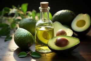 Avocado oil in a bottle with olive.Health food, diet concept.Created with Generative AI technology. photo