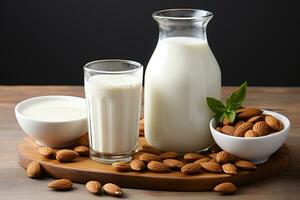 Almond milk in glass with almonds.Health food concept.Created with Generative AI technology. photo