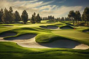 Beautiful golf course with sand bunkers with blue sky. Created with Generative AI technology. photo