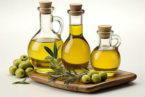 Organic olive oil in a bottle with olive.Health food, diet concept.Created with Generative AI technology. photo