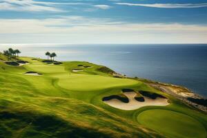 hermosa golf curso con arena búnkeres con azul cielo. creado con generativo ai tecnología. foto