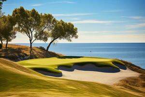 Beautiful golf course with sand bunkers with blue sky. Created with Generative AI technology. photo